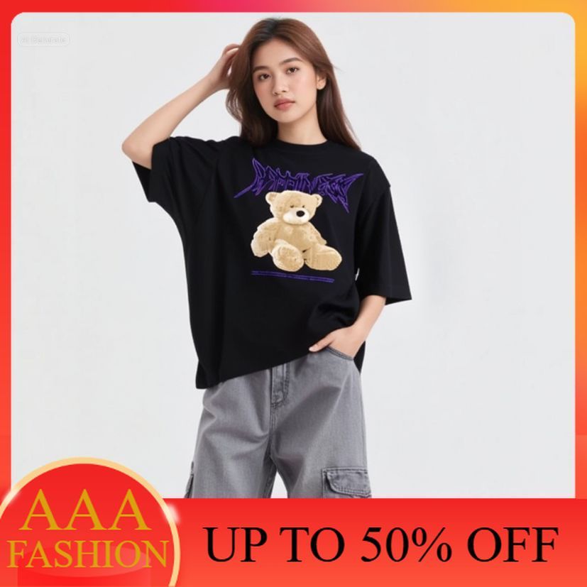 AAA FASHION T-shirt O Neck Oversize Motif Beruang Caps Hitam