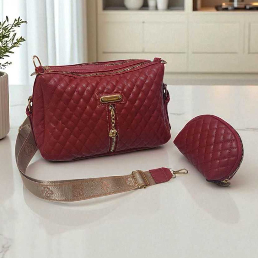[Veeza] Tas Wanita Selempang Bordir – Motif Kotak-kotak Warna Merah Marun, Elegan & Praktis