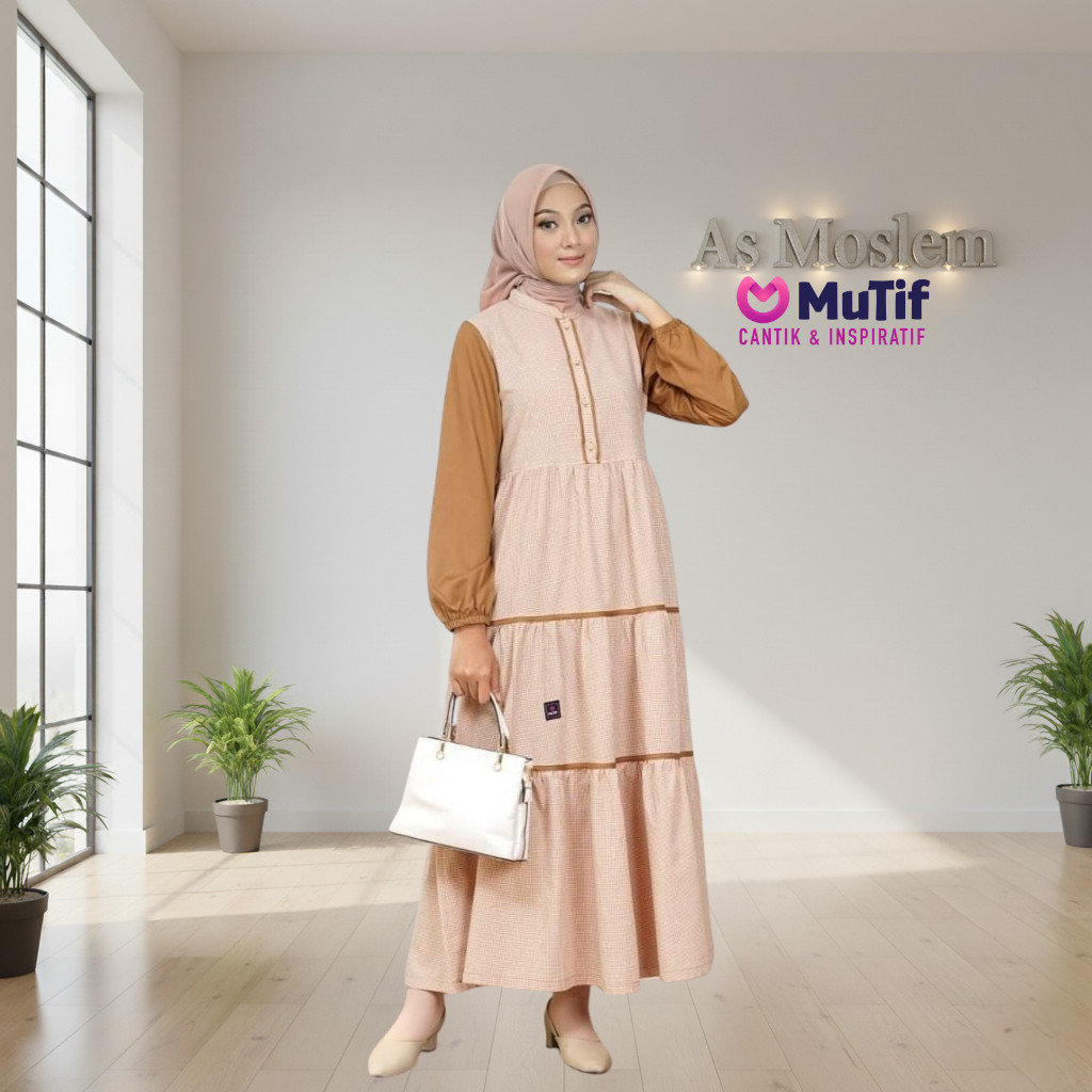 MUTIF Gamis Wanita Dewasa Razana Motif Mini Square Kotak Ruffle Bertingkat dan Busui Wudhu Friendly