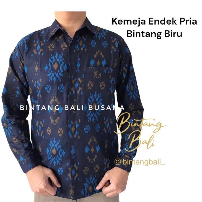Kemeja Endek Bali Pria Lengan Panjang Bintang Biru bahan Endek Katun - XXL
