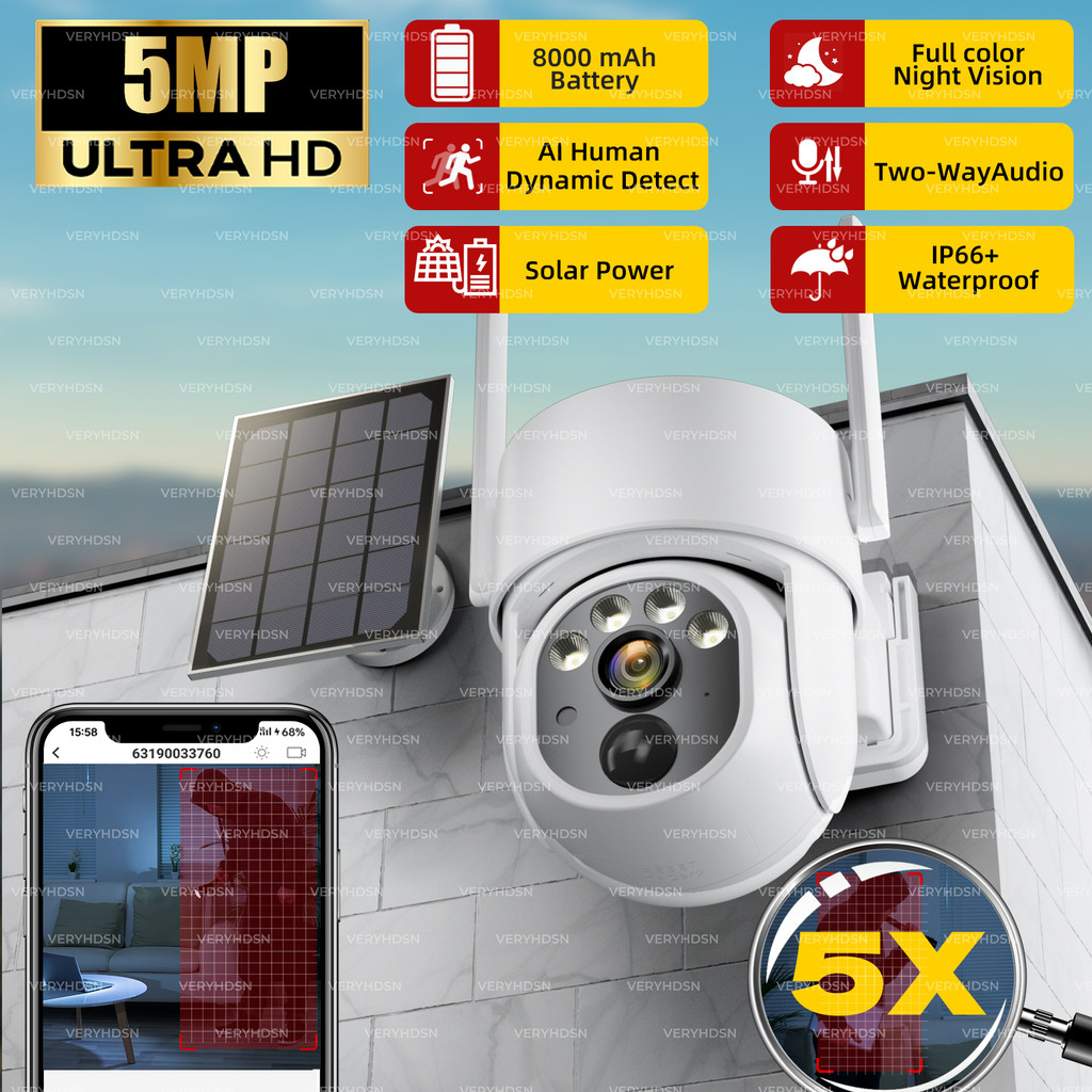 5MP IP Solar Power WiFi Camera PTZ Outdoor IP66 Waterproof 8000mAh Builtin Battery Surveillance Cam 