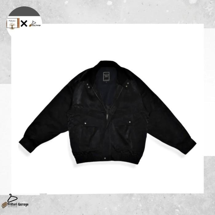 Harington Flight Faux Suede Leather Jacket Box Cut Tauzend Black Color