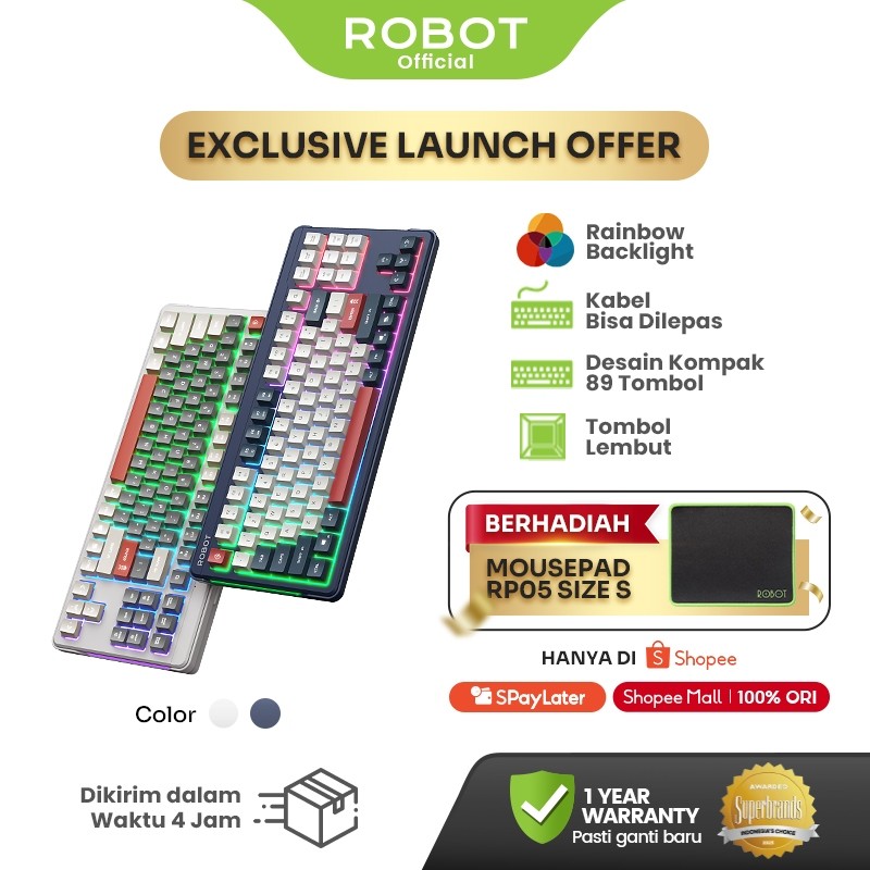 [SPECIAL LAUNCH] ROBOT Wired Keyboard Kabel Rainbow Backlight Type-C 89 Tombol Kompak Lembut Senyap 