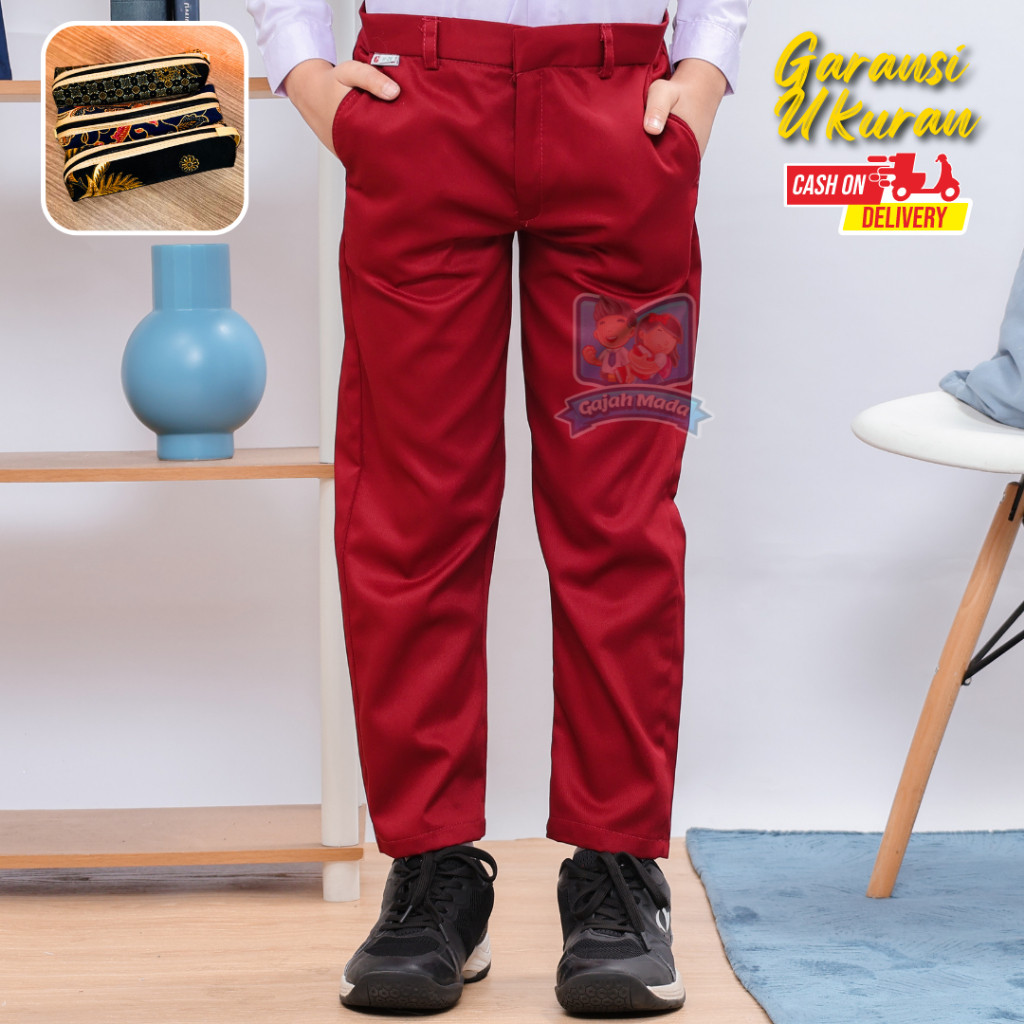 PRADIPTALARIS ID Celana Panjang SD Premium Merah Maroon Bahan Nagata Drill Pinggang Karet Laki Laki 