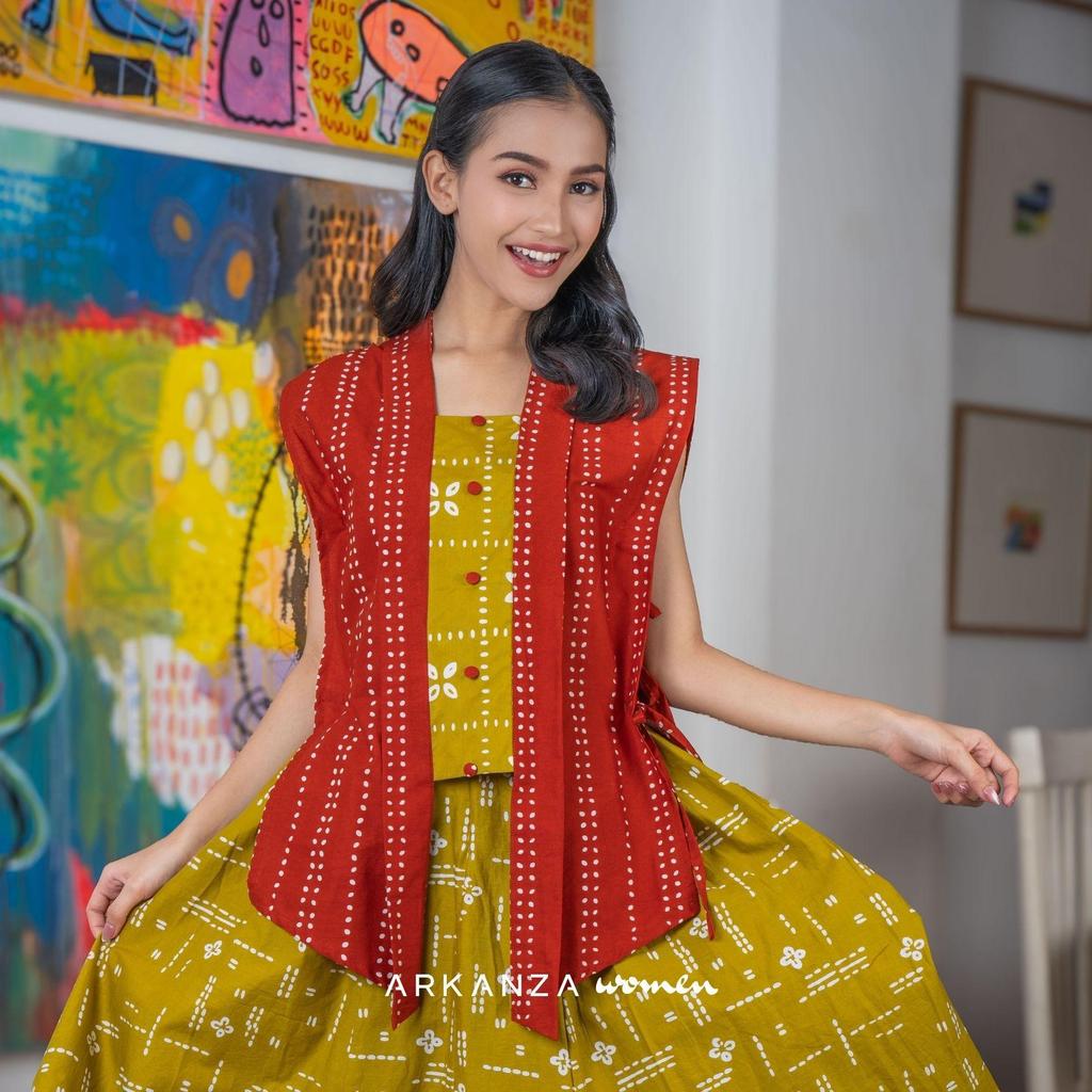 ARKANZA WOMEN Vest Batik Cap Zaria Vest Narnia Teracotta Atasan Wanita Katun Modern Rompi