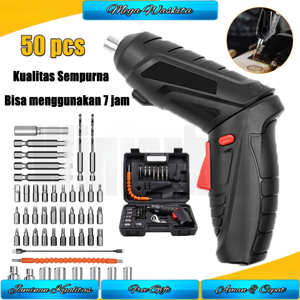 Cordless Screwdriver 4.2 V Mesin Bor Cordless Mini 50pcs Set Screwdriver Obeng Baterai Bor Cordless 