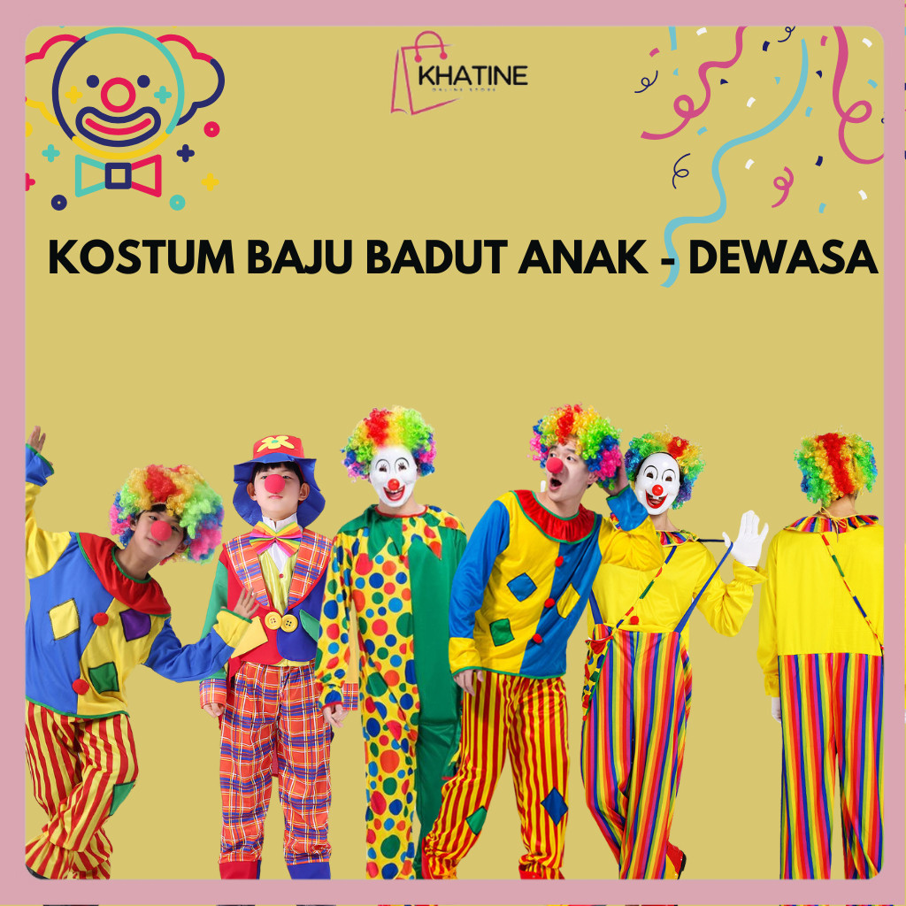KHATIN (K04) Perlengkapan Badut Kostum Baju Set Hidung Sepatu dan Rambut Badut Acara Cosplay Ulang T