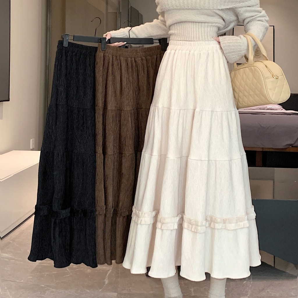 Rok Setengah Berenda Beludru Ringan Berkualitas Tinggi   Rok Gaya Korea Pinggang Elastis Rok Payung