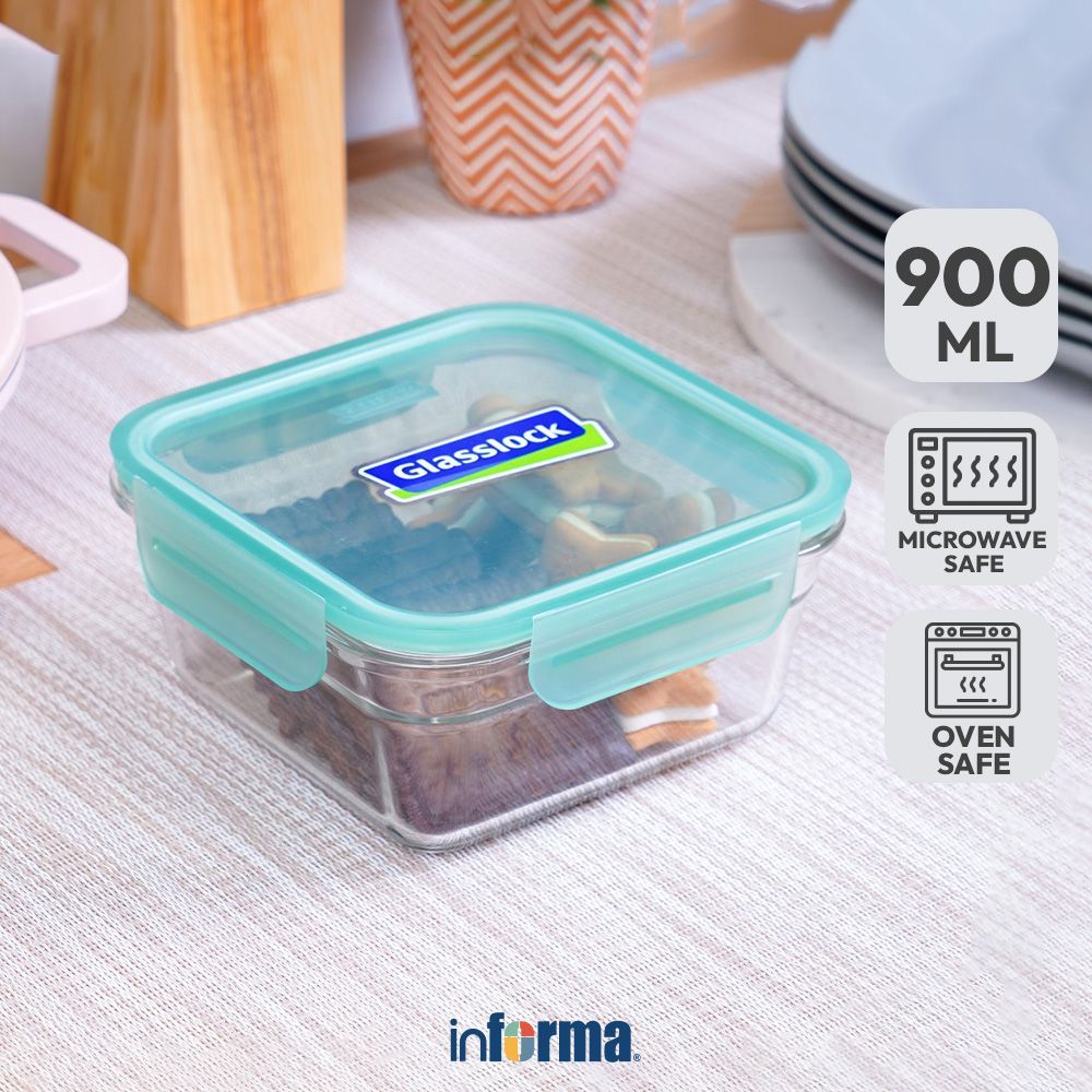 Informa Glasslock 900 ml Fancy Wadah Makanan Square - Hijau Food Container Kotak Makan Food Grade Se