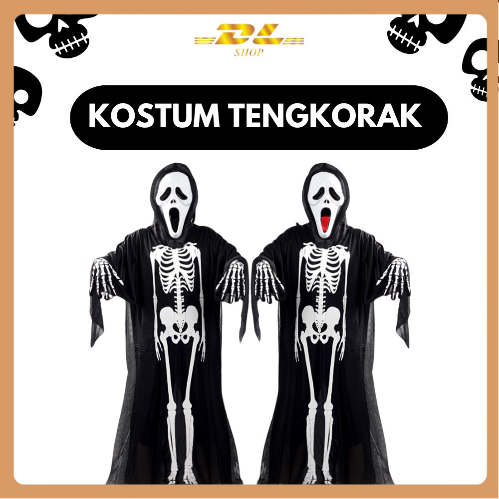 DL OFFICIAL (KTOH01)  Official Skeleton Ghost Kostum hantu baju tulang tengkorak scream anak dewasa 