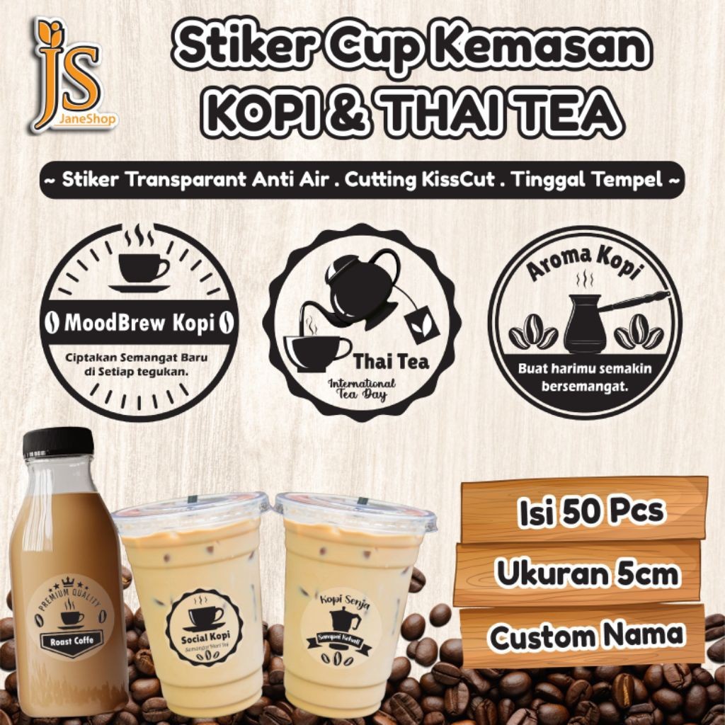 Isi 50 pcs Sticker Cup Kopi Transparant Sticker Kemasan Thai Tea Waterproof Stiker Cup Kopi Kemasan 