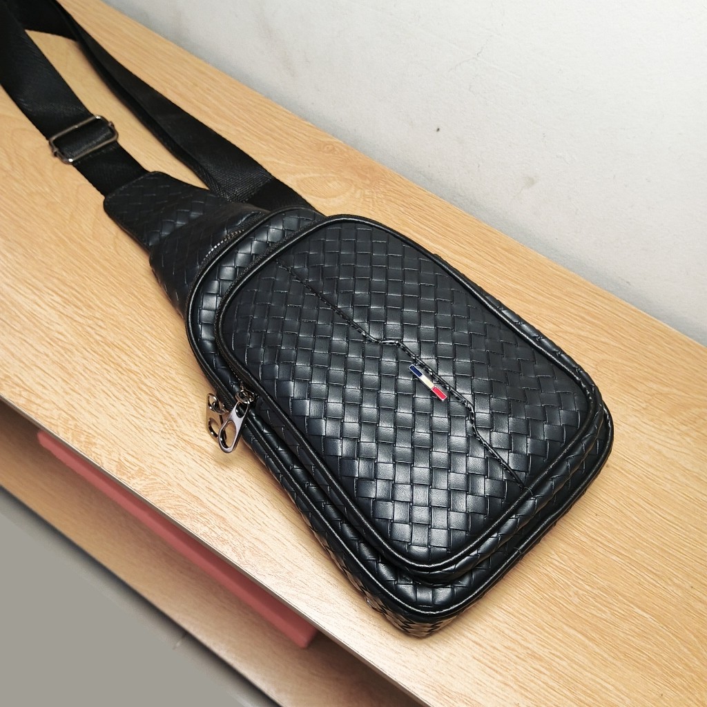 Tas Selempang Waistbag Kulit Pria Motif Anyam Embos Tas Bahu Slingbag Cowok Tas Kerja Tas Jalan Tas 