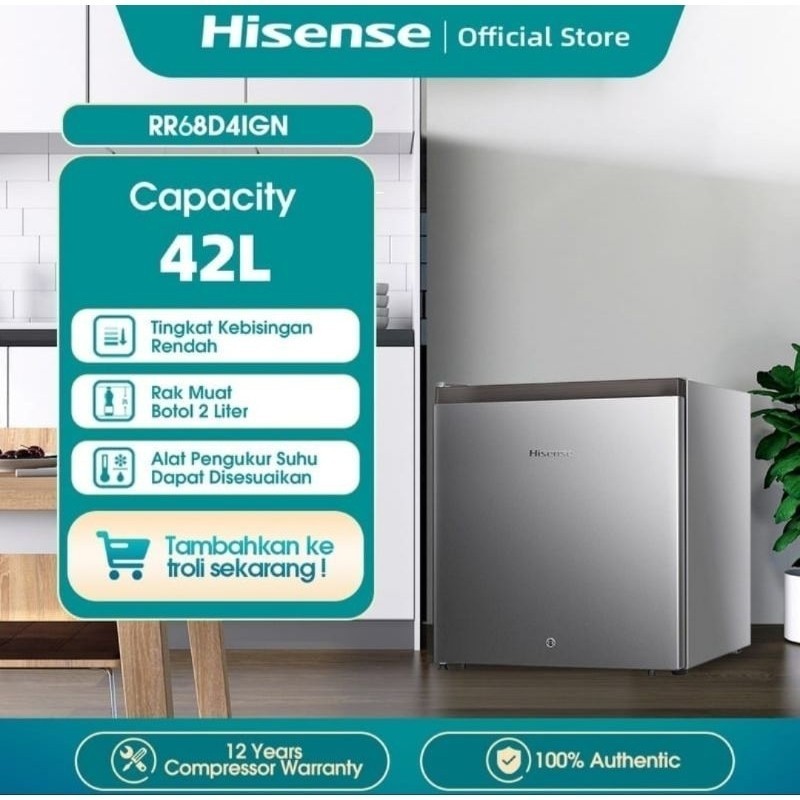 Hisense Kulkas Mini Bar Portabel 50 Liter Untuk Kamar Kos Kantor Silver Garansi Resmi RR68D4IGN