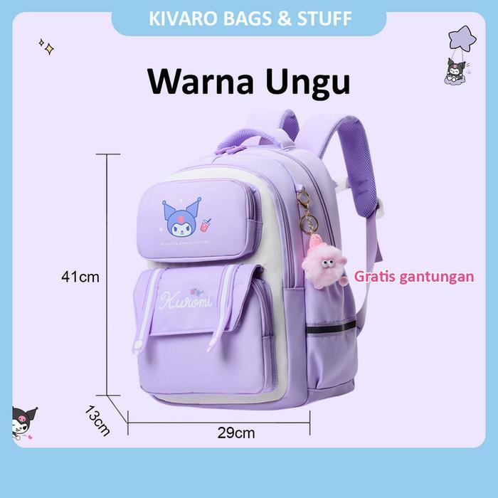 Tas Anak SD Perempuan Kelas 2-6 Motif Kuromi Gratis Gantungan Lucu Ukuran Besar Umur 7-12th  | 0897 