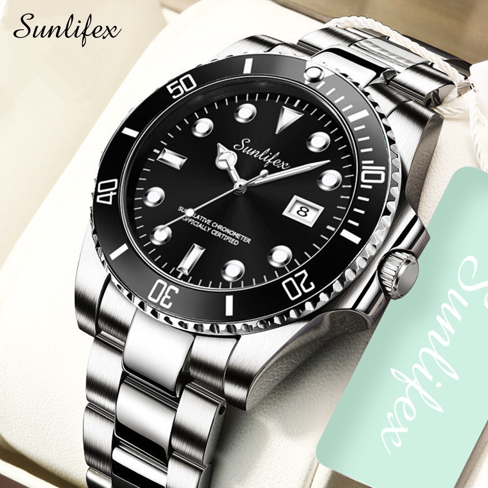 Sunlifex Jam Tangan Pria 9001-A Anti Air Original Kalender Kuarsa Tali Stainless Steel Bercahaya Jam