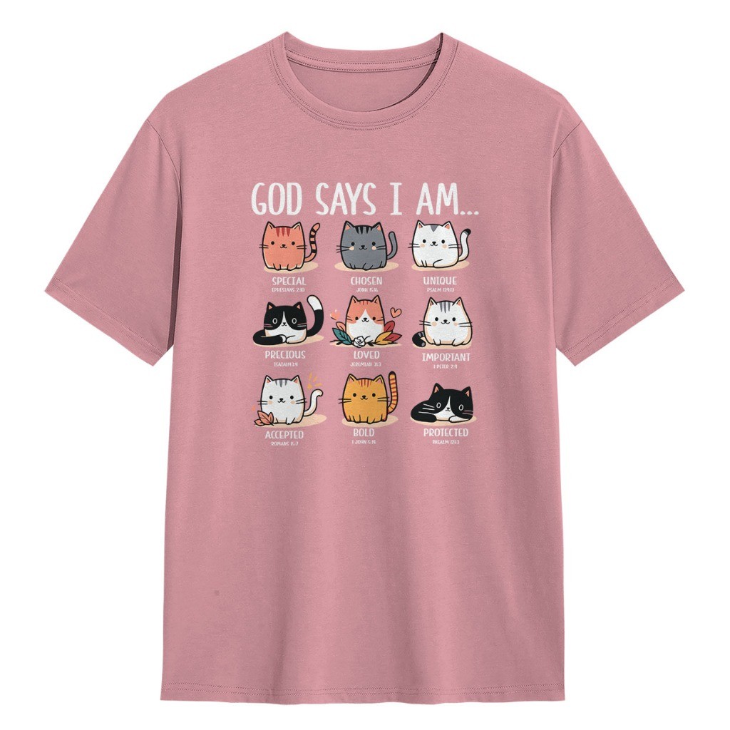 Part 3 Kaos God says I am (Cat Version) Baju Rohani Cute Kristen Katolik Bahan Katun Unisex Desain R