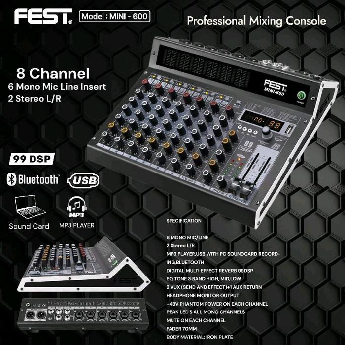 Audio Mixer MINI600 Fest Original 8 Channel Bluetooth Efek Digital 99Dsp Mini 600