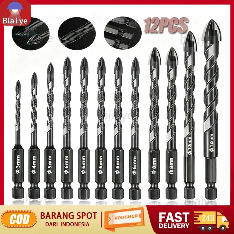 Set 12pcs Mata Bor Cross Hex 3mm-12mm Mata Bor Hex Bahan Alloy Untuk Melubangi Kaca / Keramik / Beto