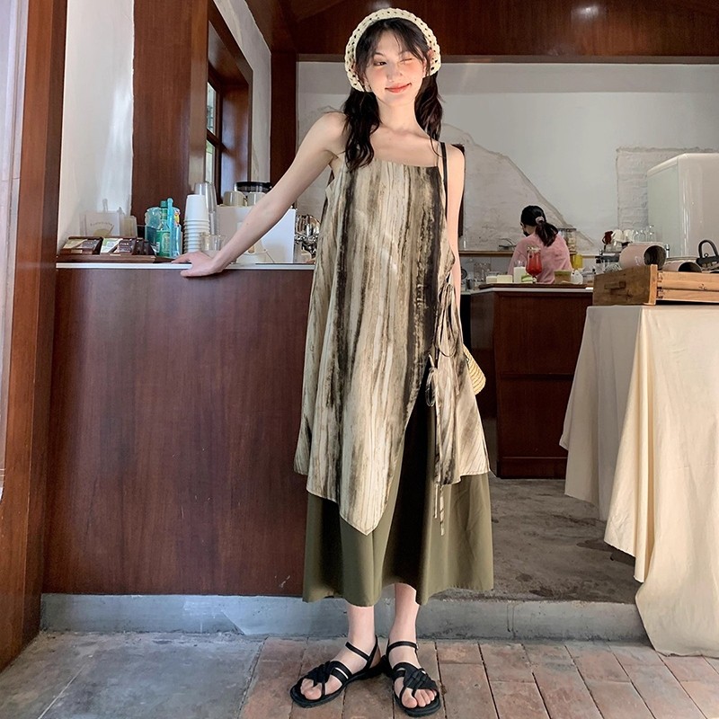 Air QZ267 Tanktop Dress Panjang Bali Daster Retro Style Tie Dye Low Collar Suspender Dress Elegant G