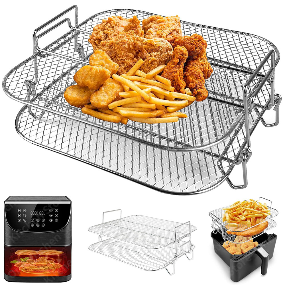 Airfryer Double Layer Stainless Steel Rack 2 Tier Square Tray for 5-6.8L Hot Air Fryers, Oven and Mi