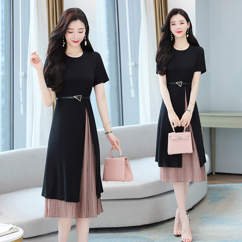 Rok Panjang Di Atas Lutut Pelangsing Perancis Baru 2023/Gaun Sambungan Sifon Dua Potong Palsu/dress 