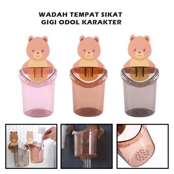 Tempat Sikat Gigi Anak Tempel Dinding Motif Bear Wadah Odol dengan Drainase Anti Air Menggenang