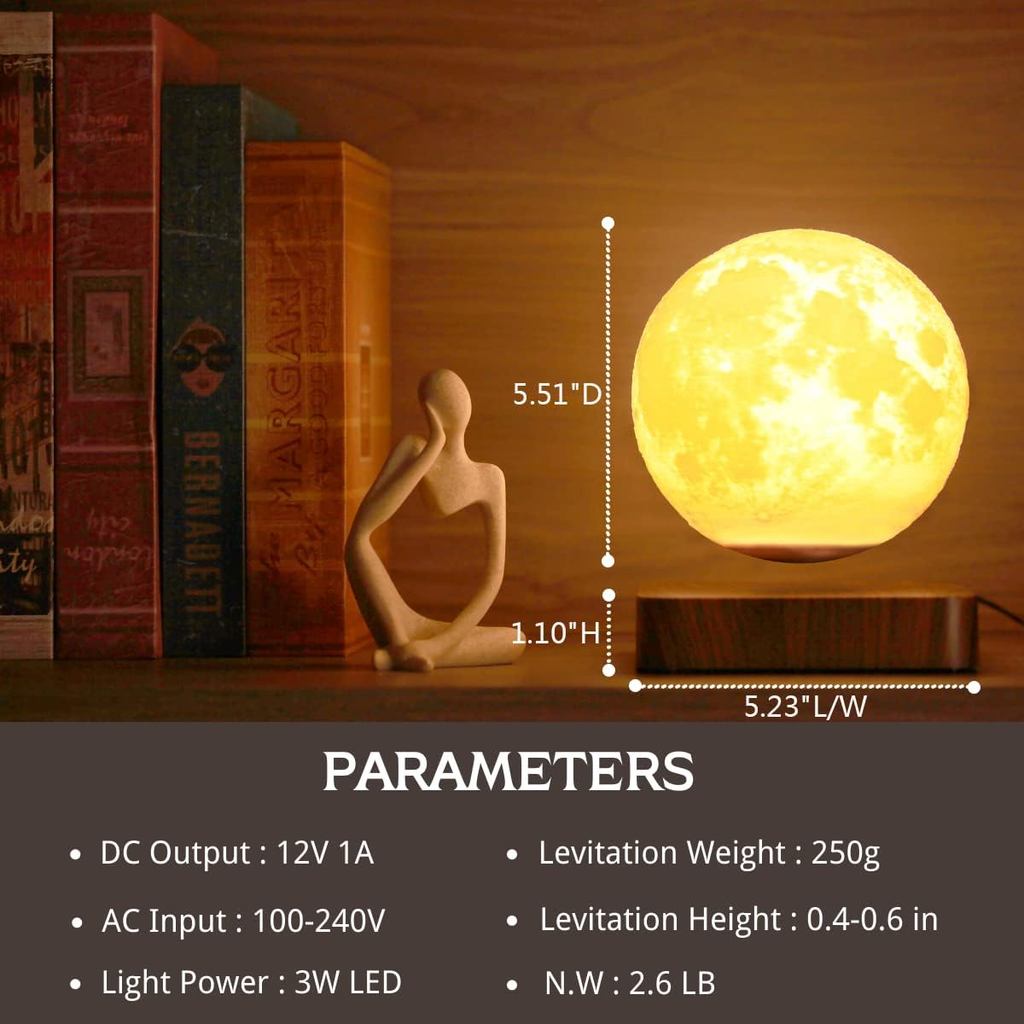 Levitating Moon Lamp, Magnetic Floating Moon Lamp Spinning Luna Night Light with 3 Color Modes, for 