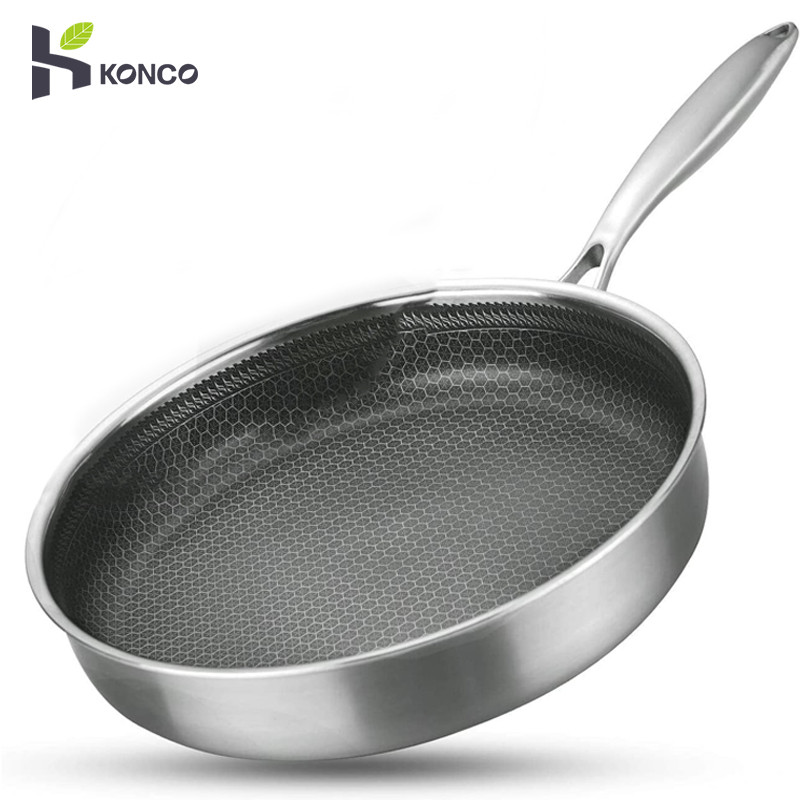 Konco 28CM Frying Pan 304 Stainless Steel Wok Fried Steak Non Stick Pan Honeycomb Pot Kiten Cookware