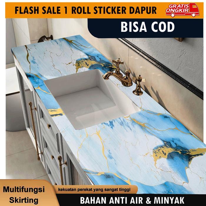 Sooku Stiker Dapur 60cm x 3m Bahan Alumunium Foil Motif Biru Marble Anti Air PVC/Vynil Melindungi Di