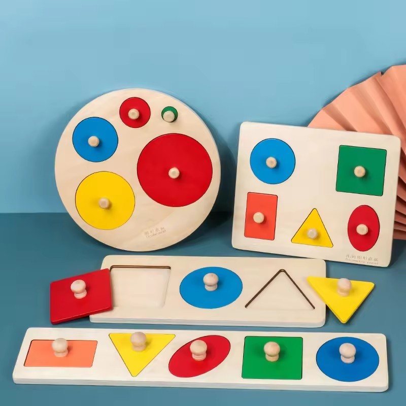 Montessori Wooden Puzzle Board Knob Wood Puzzle Geometric Shape & Color Sorter Puzzle Early Educatio