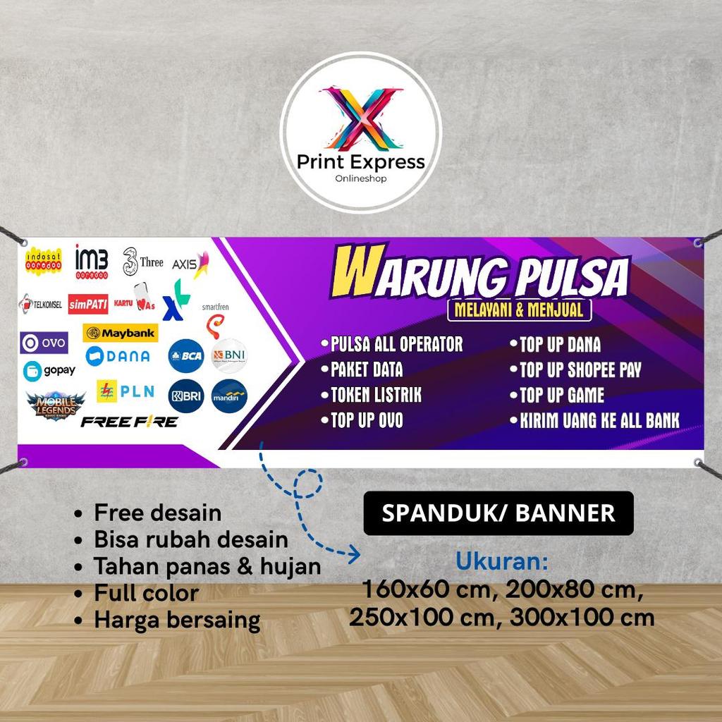 SPANDUK BANNER Warung Pulsa Unggu Putih 300x100 CM Bisa Rikues