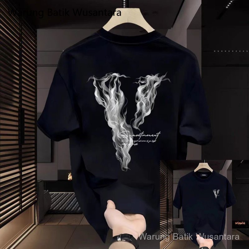 Baju Kaos kaos distro priaKatun Murni Leher Bulat Ukuran BesarBunga Asap Huruf V Motif Cetakkaos dis