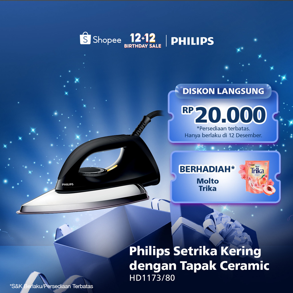 Philips Setrika kering HD1173/80 Hitam, Ceramic 4 Lapis, Anti-Lengket, seterika philips,gosokan baju