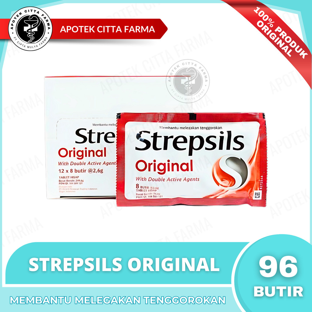 Strepsils Original 1 Box @ 12 Sachet @ 8 Butir Permen - Permen Pelega Tenggorokan / Menyegarkan Bau 