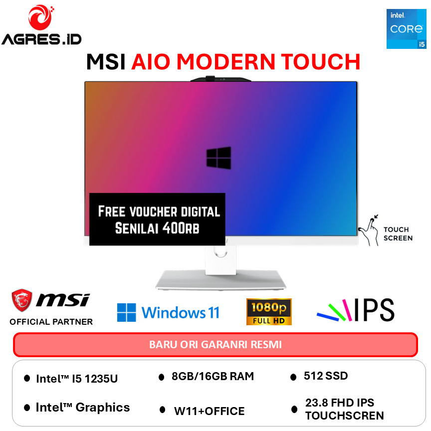 MSI AIO MODERN AM242TP TOUCH I5 1235U - RAM 16GB 512GB W11+OHS 23.8FHD -12M.1804