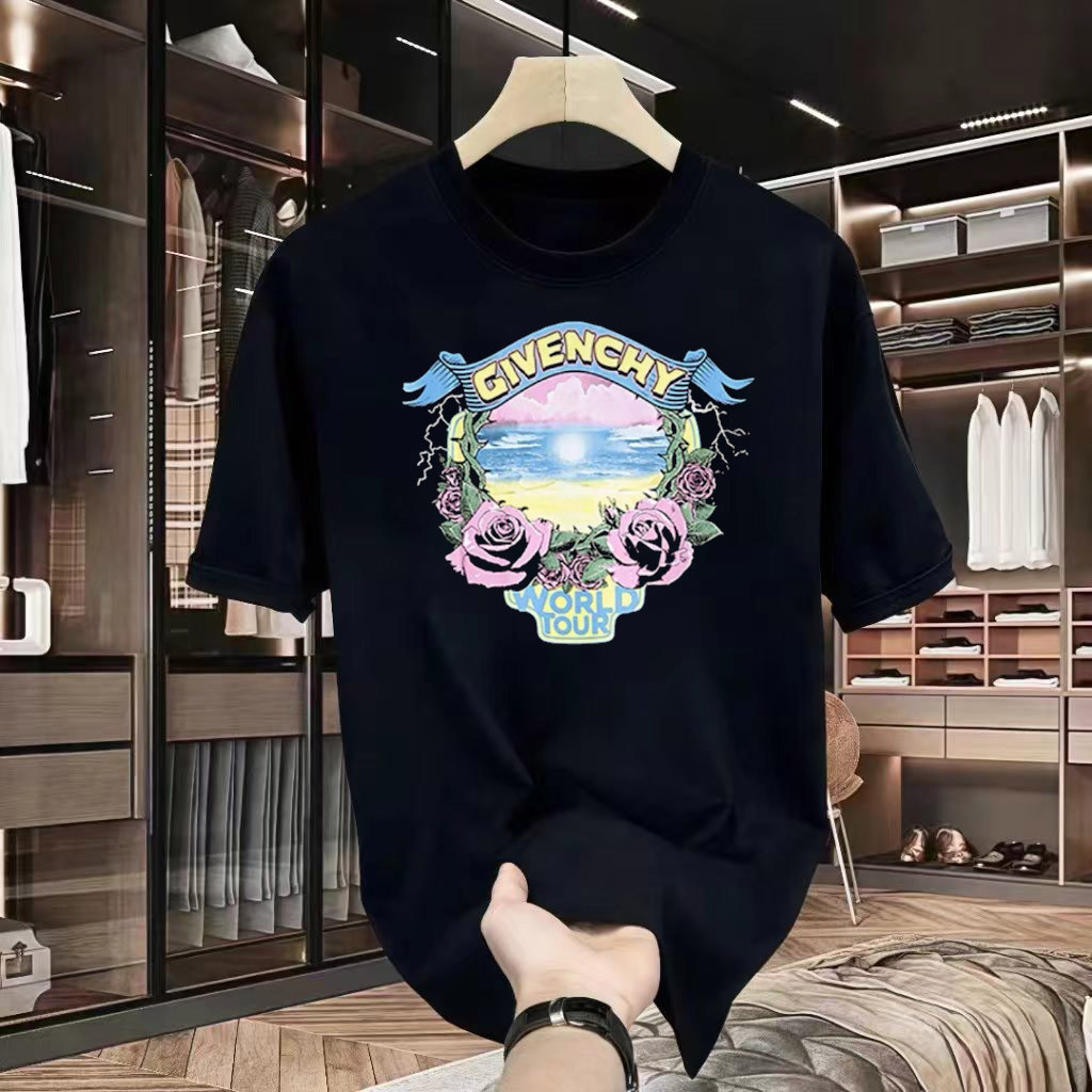 GIVENCHY Kaos Lengan Pendek Leher Bulat Pria Baru dengan Logo Bordir dan Cetakan Gaya Selebriti Fash