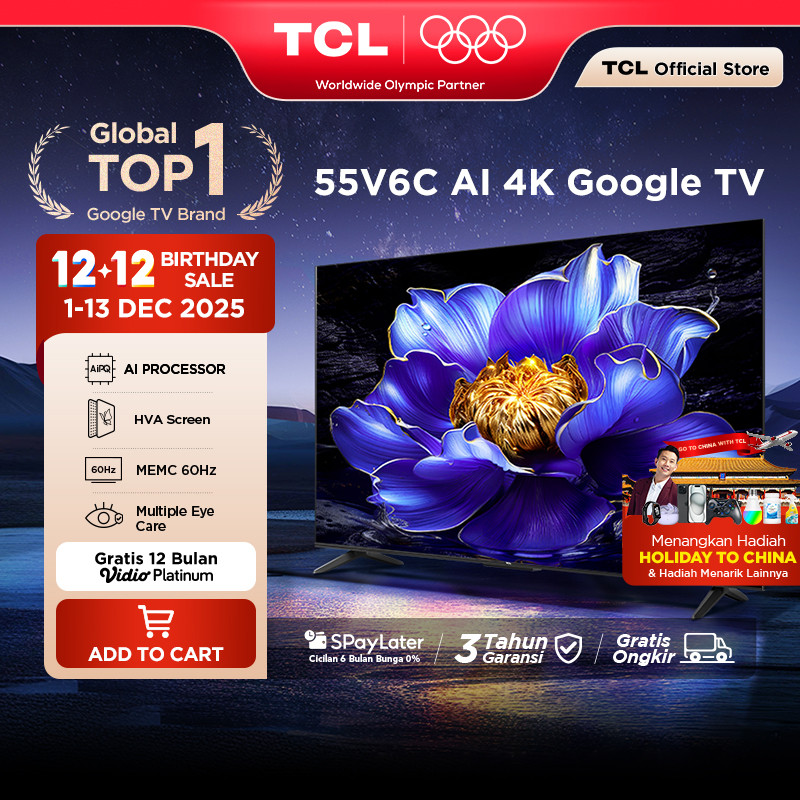 TCL AI 4K Google TV 55 inch V6C - MEMC - HDR 10 - HVA Panel - Dolby Audio - Google Play/Netflix/Yout