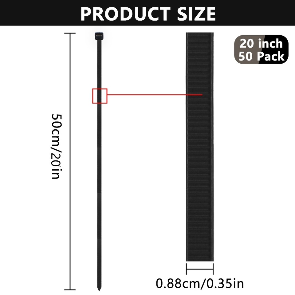 Black 50count heavyduty premium nylon cable ties, UVresistant design, 50pound tensile strength