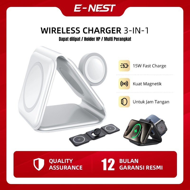 eNest 3-IN-1 Magnetic Wireless Charger Foldable - Pengisi Daya Nirkabel Lipat 15W Cepat untuk HP, Sm