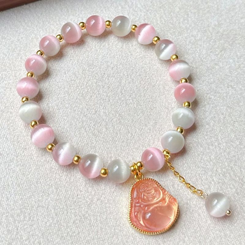 New Small Pink Buddha Bracelet Handmade Beaded Maitreya Buddha for Women