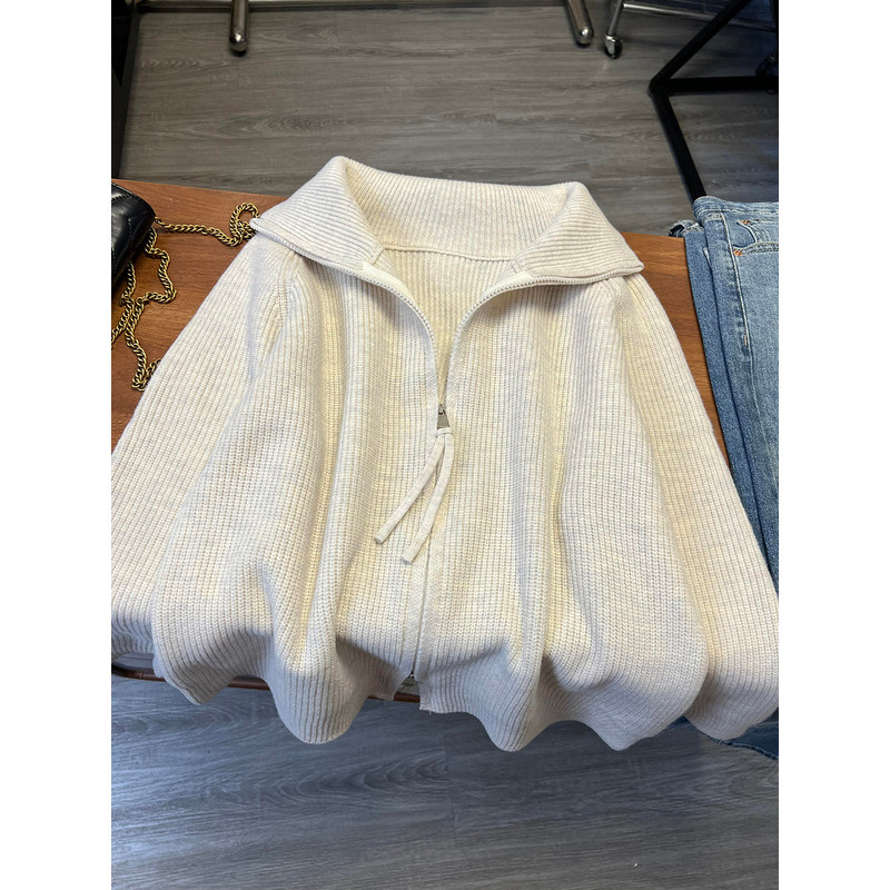 Gaya Korea Gaya Perguruan Tinggi Warna Putih Tulang Kerah Ganda Ritsleting Sweater / Cardigan Gadis 