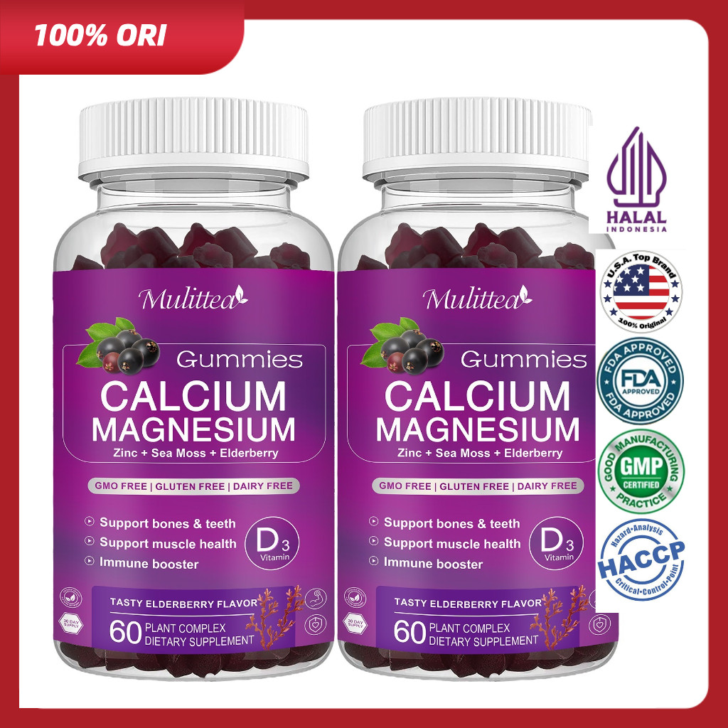 Mulittea Permen Jelly Kalsium, Magnesium, Zinc, Vitamin D3, Kalium, Rumput Laut, Elderberry
