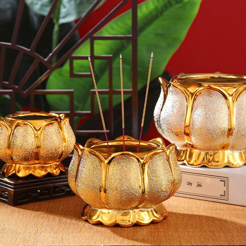 NANDOS-FIT 4/5 Inch Tempat Bakar Dupa Lotus / Hiolo Keramik Emas Bentuk Teratai / Pembakar Dupa Back