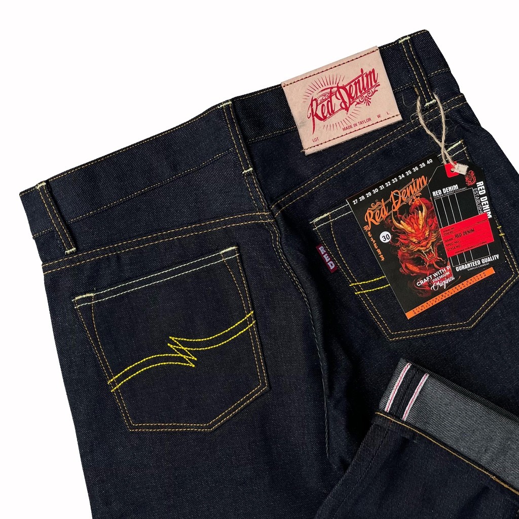 RED DENIM - Denim Black Indigo 15Oz Sanforized Raw Denim Accent Selvedge Original