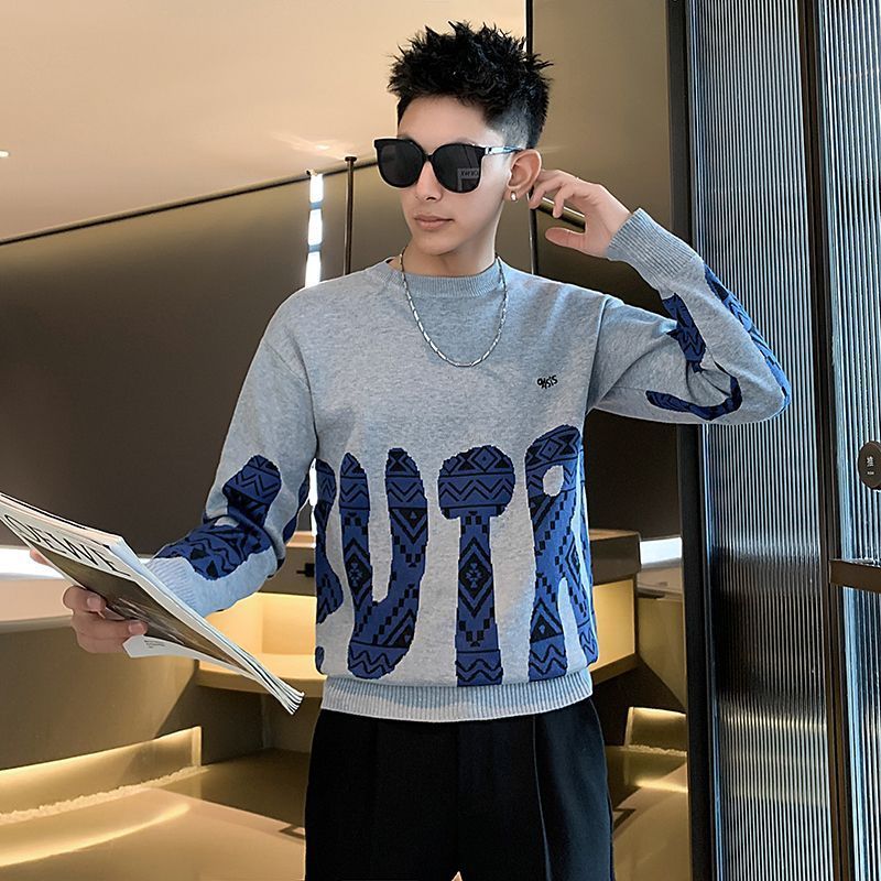 Sweater kerah bundar kelas tinggi, lengan panjang, rompi longgar, jaket pria.
