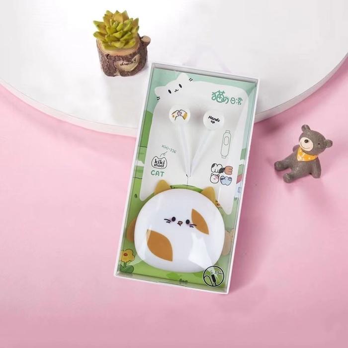 [ KI-336 ] Set Headset Earphone KIKI SHOT  CAT /KUCING  IMUT CUTE & LUCU / Wadah Earphone Karakter K