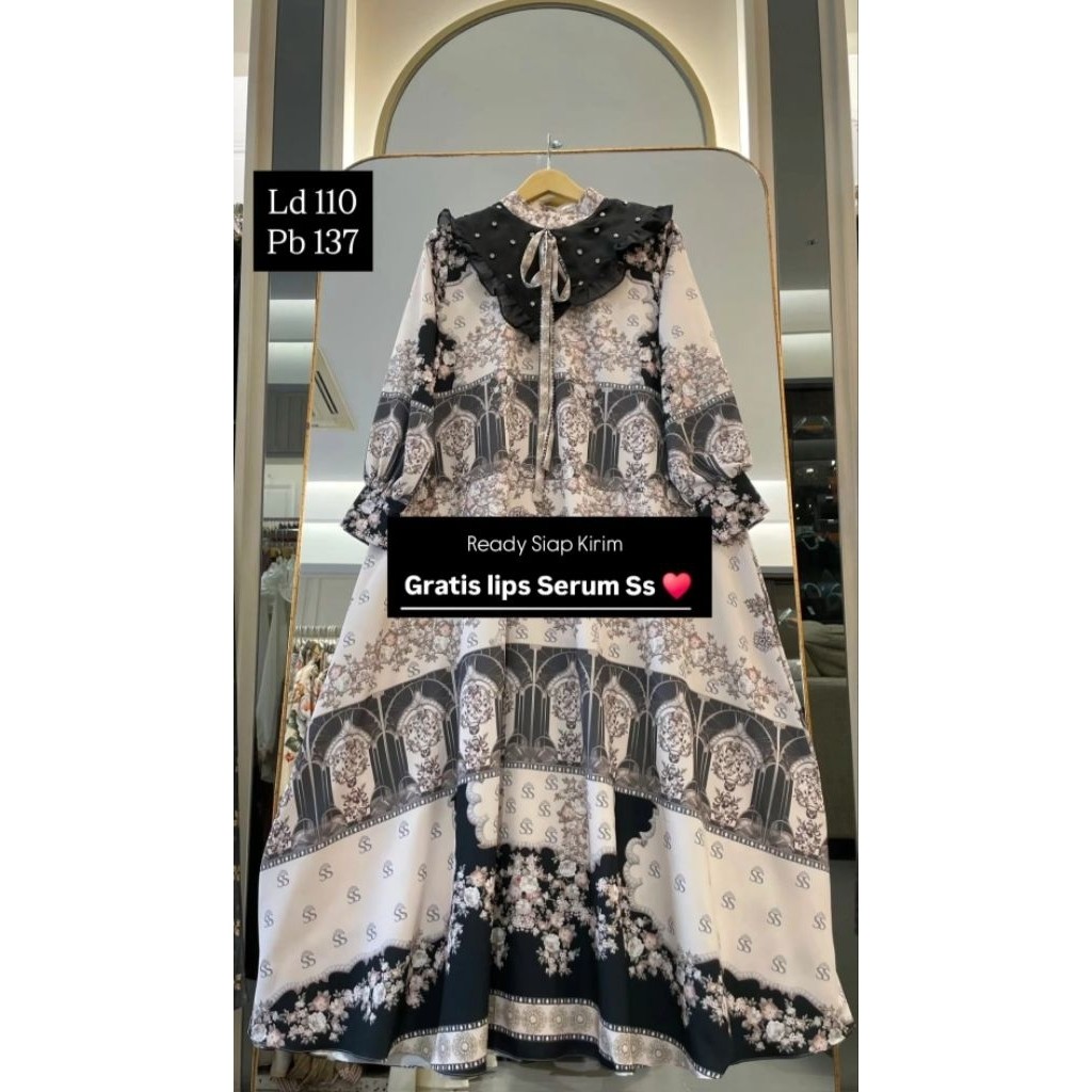 PROMO BIGSALE Shellasaukia Dress Printing Kerah Hitam Baju Shella Saukia Terbaru Tanpa Hijab Gamis S
