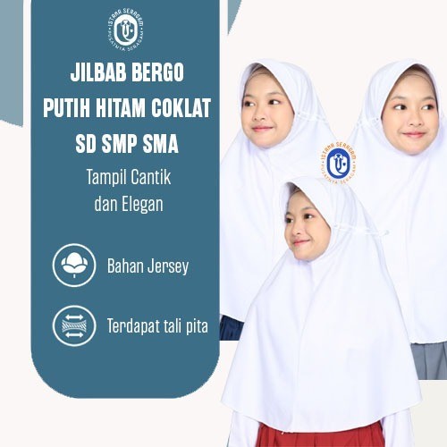 D7 Jilbab Bergo Putih Hitam Coklat Pramuka SD SMP SMA Perempuan Bahan Premium