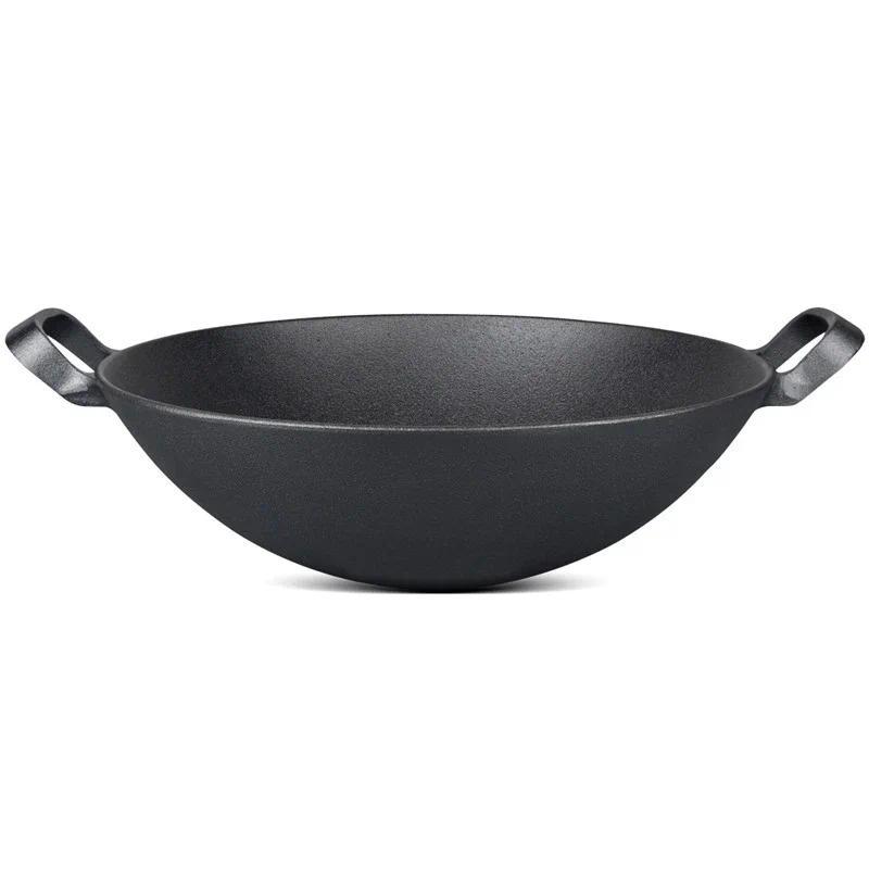 Japanese cast iron wok Double ear cast wok Chinese style pig iron pot Household non stick frying pan