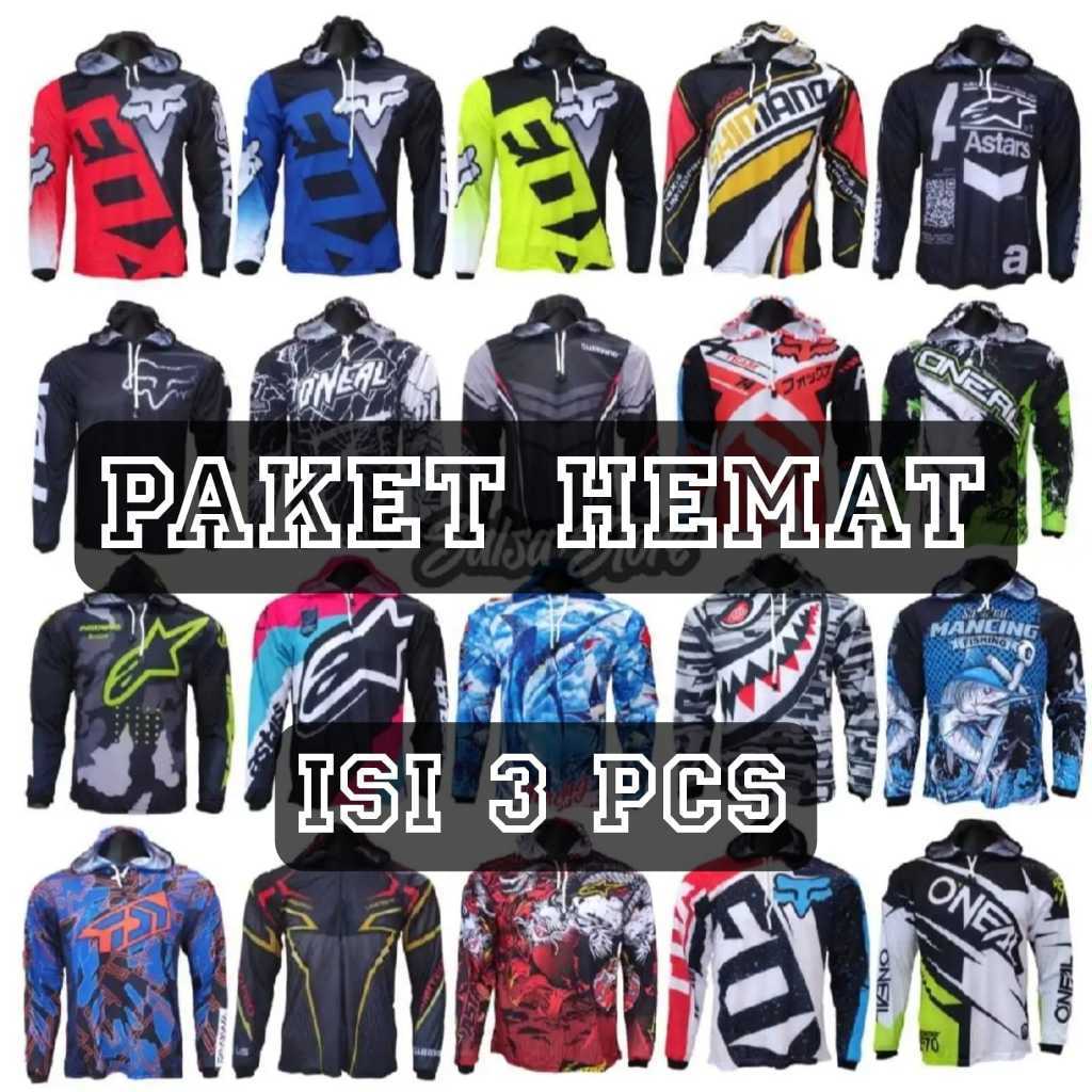KLEPU.ID Paket Hemat Isi 3Pcs Jersey Mancing Hoodie Lengan Panjang / Kaos Mancing Tudung / Baju Manc